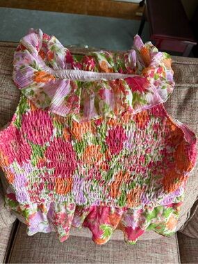 Women’s Floral Ruffle Smocked Tank Top - Pink Multi size XXL